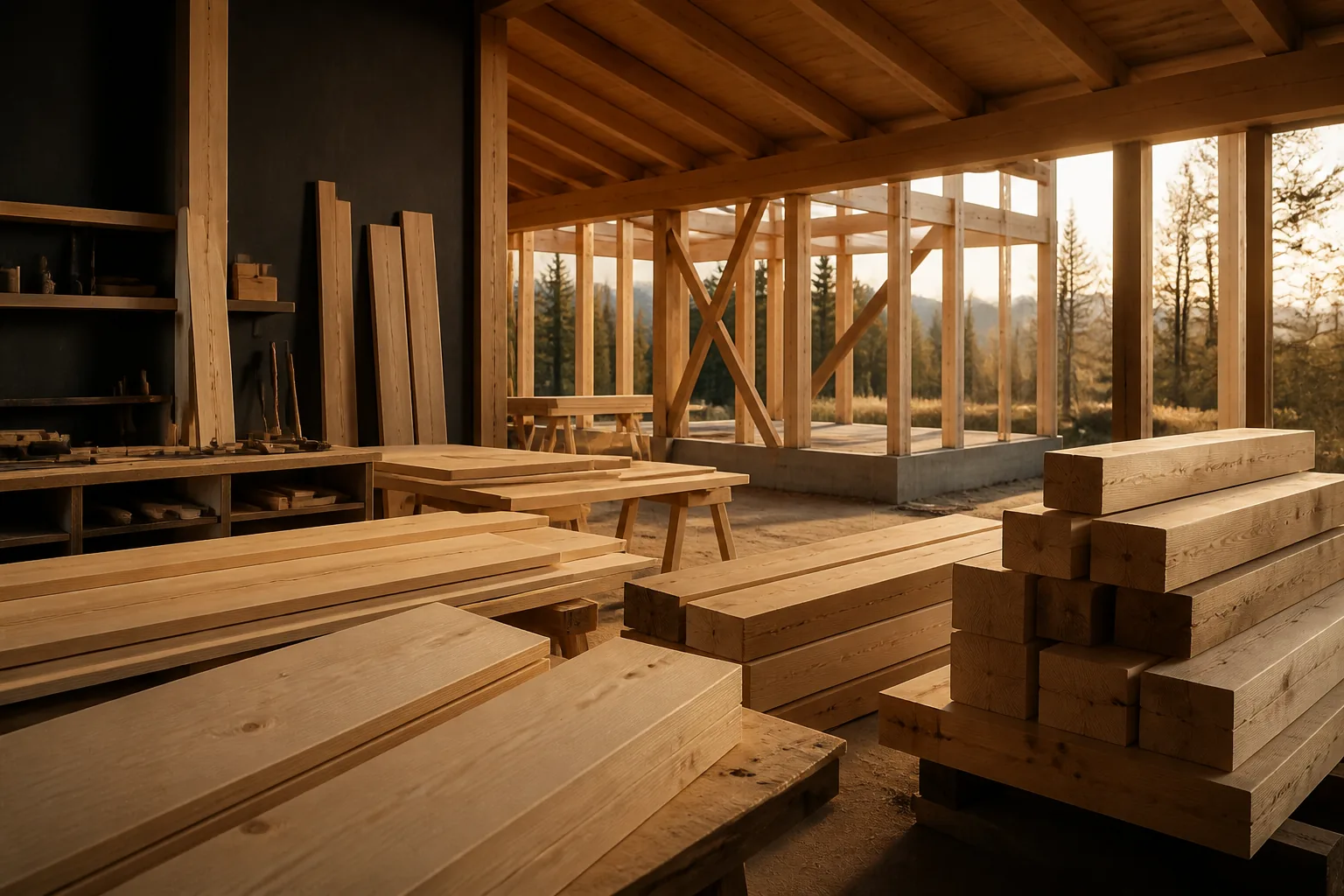 Cherestea naturală din molid stivuită într-un atelier premium