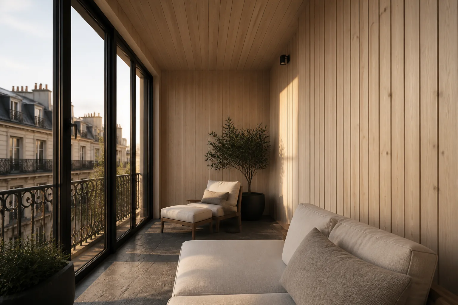 Balcon închis placat cu lambriu din molid