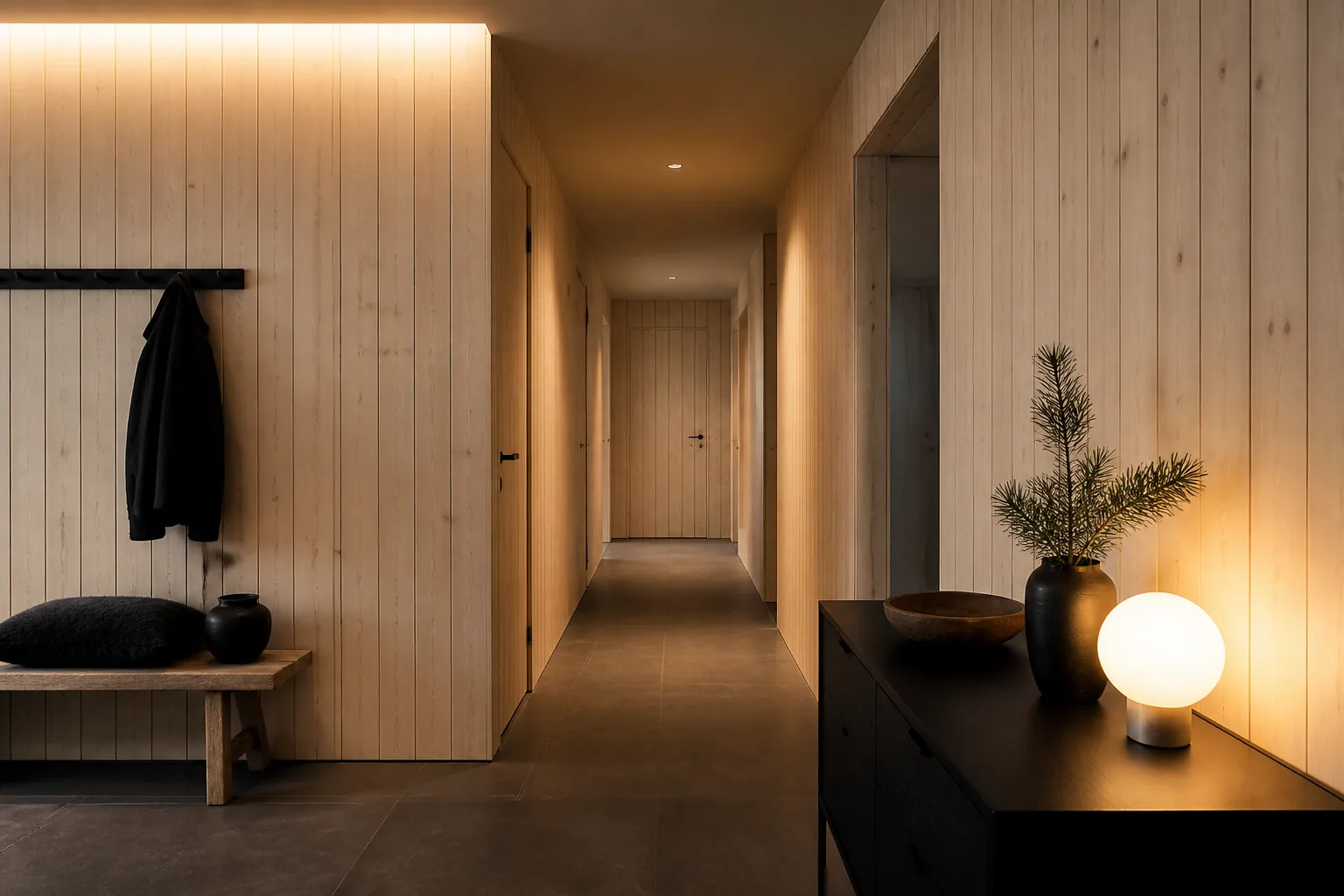 Coridor placat cu lambriu vertical din molid