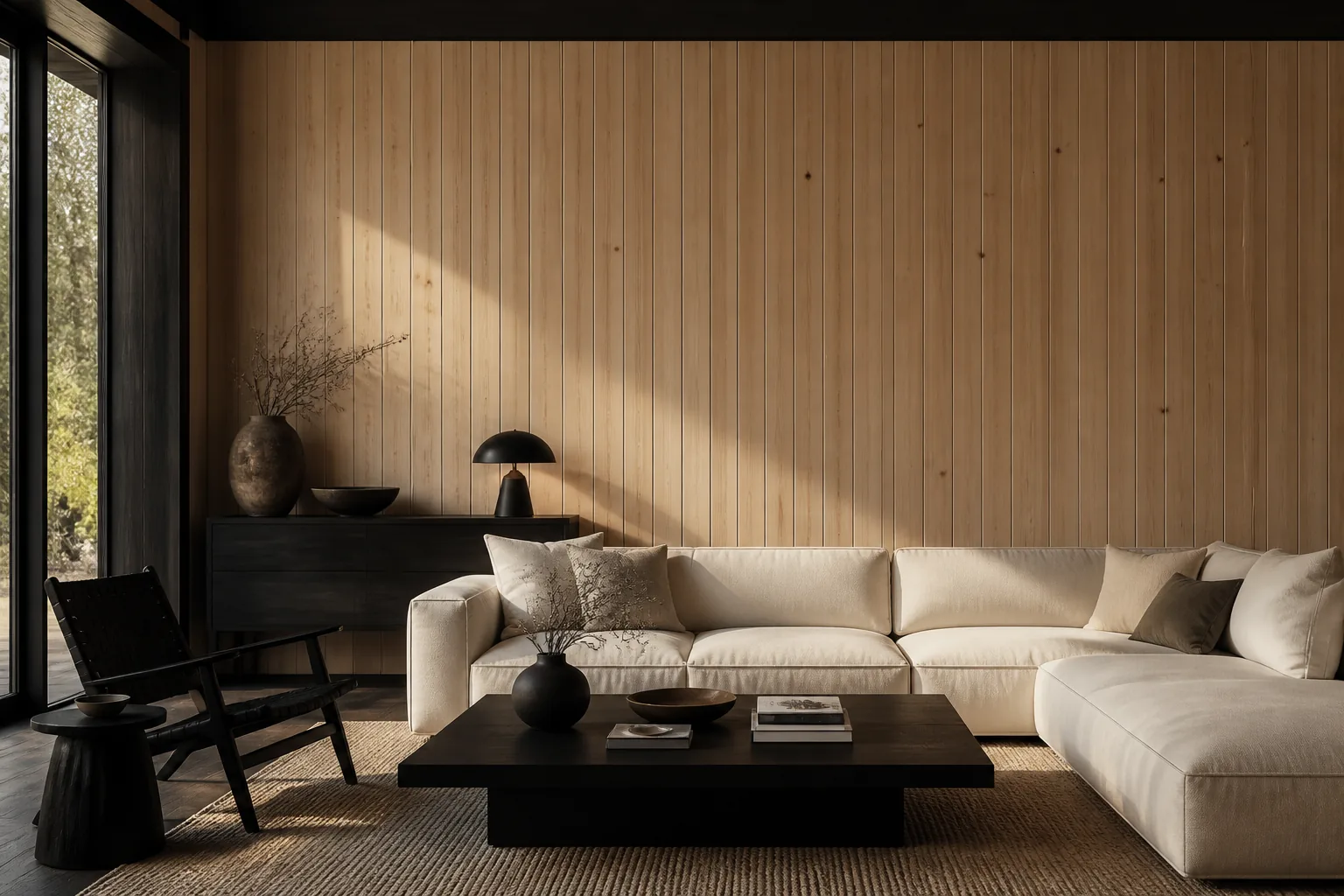 Perete interior placat cu lambriu natural din molid